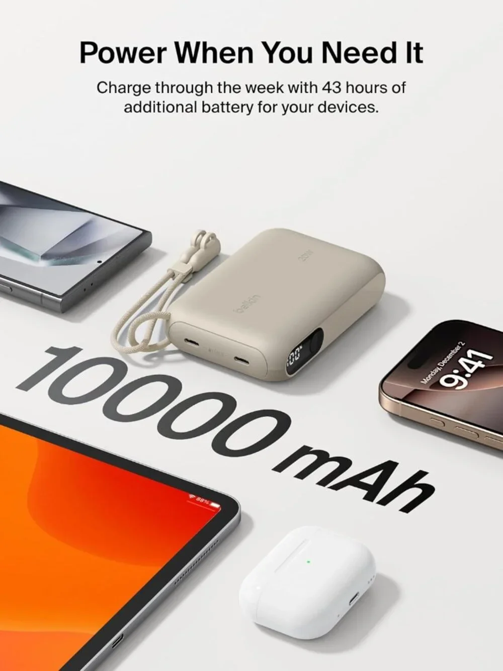 Belkin Slim 10,000mAh USB-C Portable Charger Power Bank - Sand - Picture 7 of 10